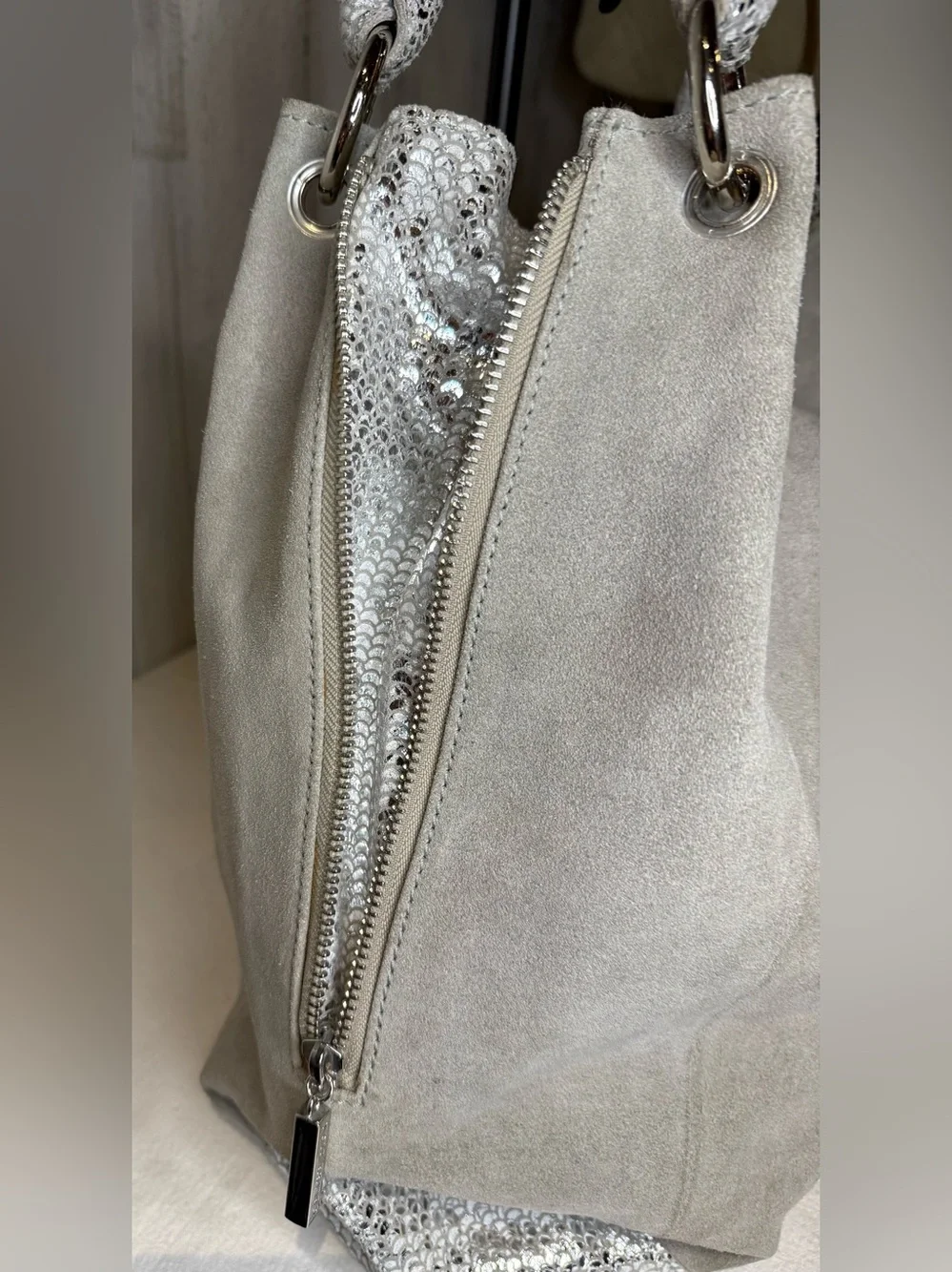Celine Dion Gray Suede Shoulder Bag with Metallic Snake Trim Y2K
